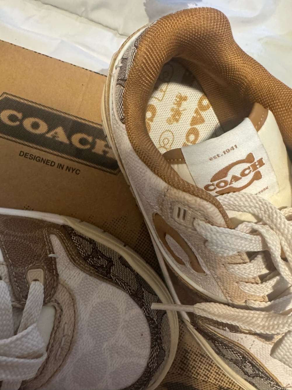 Coach Mixed-Material Low-Top Sneakers in Cream, Brown & Gold - Picture 4 of 4